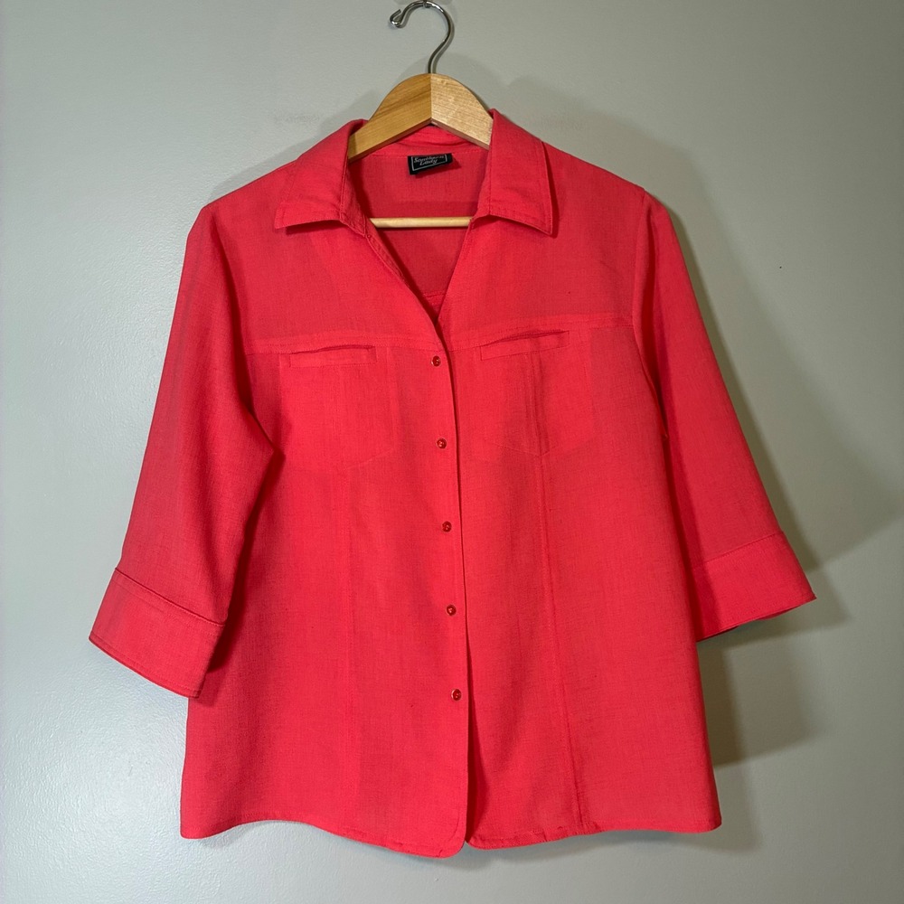 Southern Lady Coral Pink 3/4 Sleeve Button Down Shirt Textured Blouse Size M